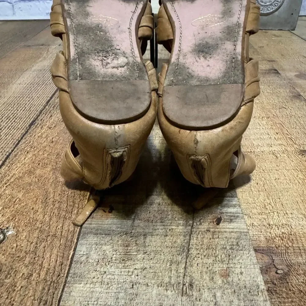 Prada Tan Pleated Leather Caged Flat Sandals Size 38.5
